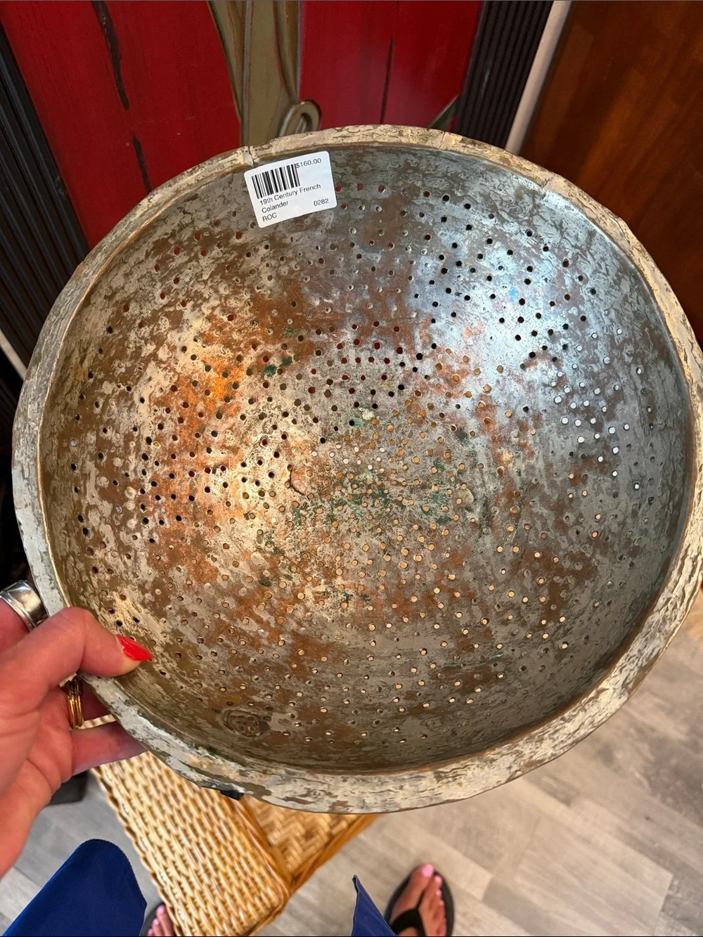 19th Century French Copper Metal Colander - Distressed Silver with Patina